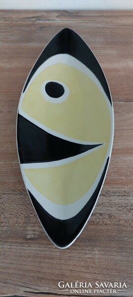 Fekete-sárga Török János  Zsolnay porcelán  modern csónaktányér, halas tál, kínáló, asztalközép