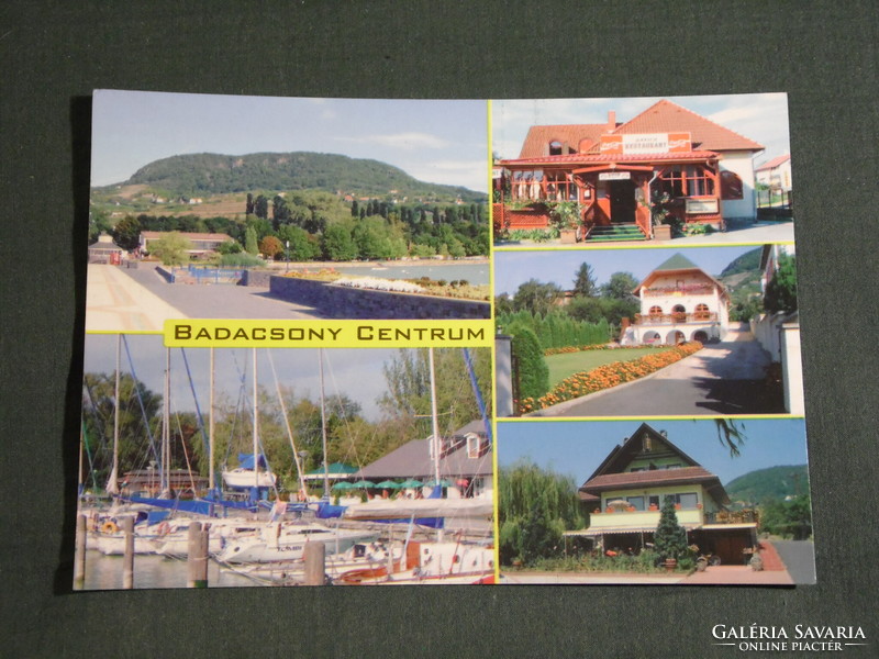 Postcard, Balaton, Badacsony, mosaic details, view, port, restaurant, inn, resort