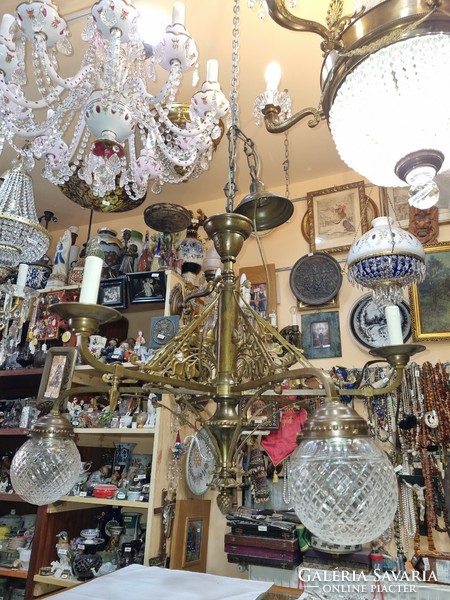 Old renovated Art Nouveau crystal carved copper chandelier