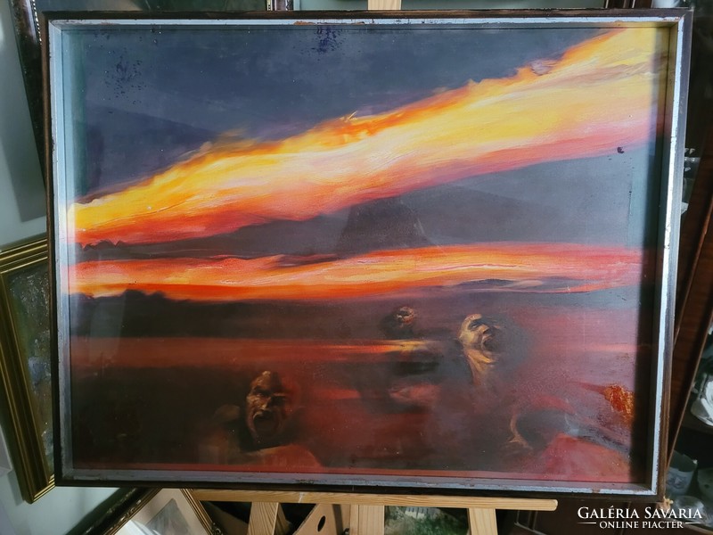 László Kéri (1949 - ): fire dance oil-on-wood painting gallery owner!