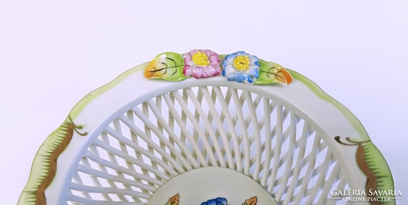 Herendi, openwork basket with viktória (vbo) pattern, hand-painted porcelain, flawless! (B160)