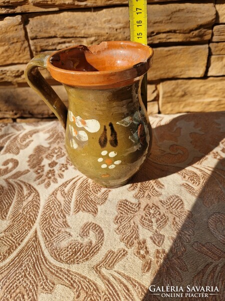 Brown-glazed, floral ceramic jug, folk object