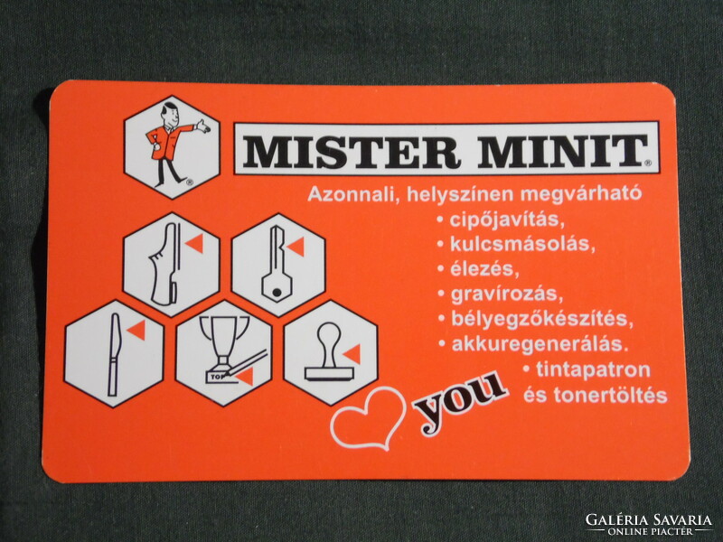Kártyanaptár, Mister Minit cipőjavítás, kulcsmásolás,élezés,grafikai rajzos,reklám figura, 2005, (6)