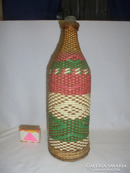 Glass bottle woven with old wire and cane - red-white-green - 31.5 cm