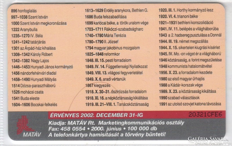 Magyar telefonkártya 1140  Puska 2000 Történelem  ODS 4    100.000  db