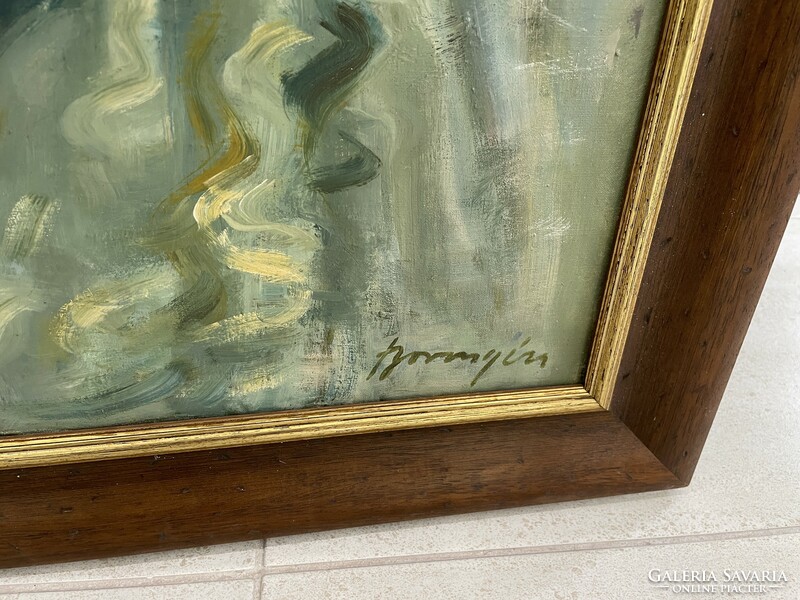 Boross Géza "Halászbrigád a Tiszán" festmény horgászat hal antik folyó vízpart életkép szocreál