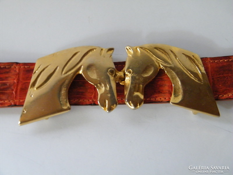 Horse head pair with custom made copper belt buckle with crocodile leather belt