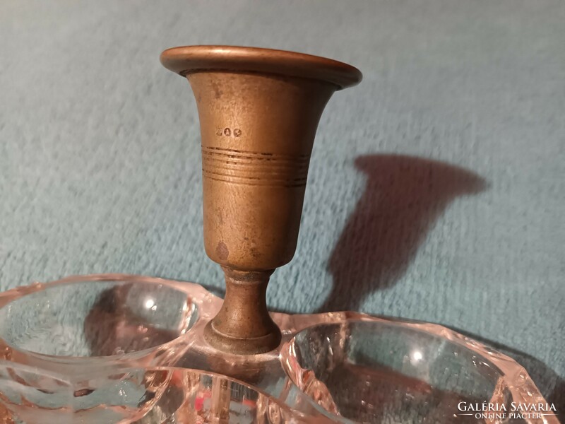 Old marked brass spice holder, salt and pepper holder, with thick, strong glass