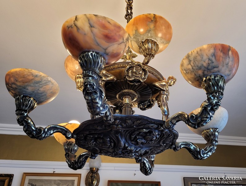 Antique alabaster and bronze chandelier, diameter 85 cm