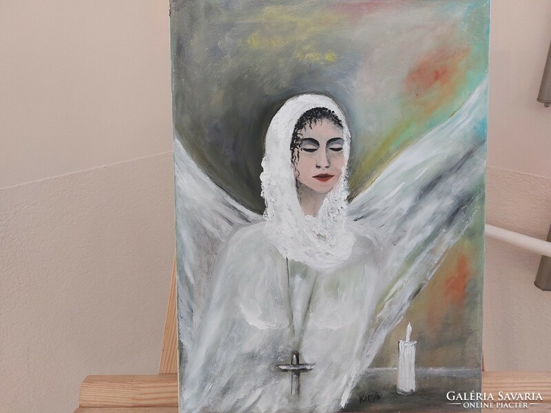 (K) Modern angyal festmény 40x30 cm kerettel szignózott