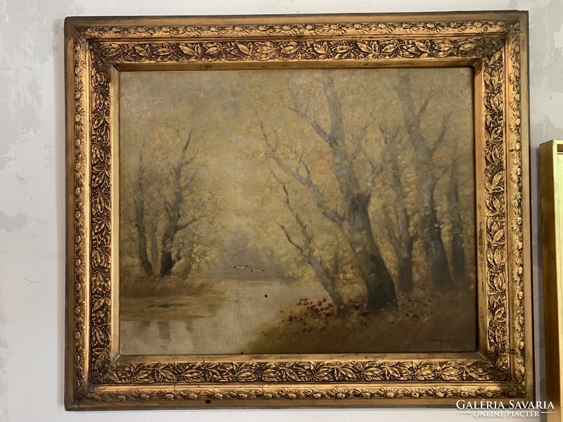 Autumn forest with stork birds and river oil on canvas signed Bakony 1919