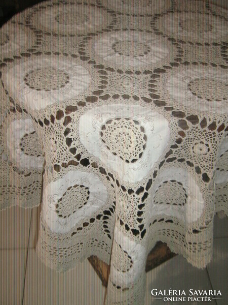 Beautiful hand-crocheted embroidered tablecloth with Art Nouveau features