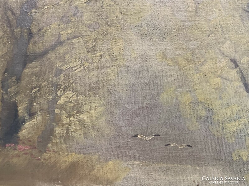 Őszi erdő gólya madarakkal és folyóval olaj vászon szignált Bakonyi 1919