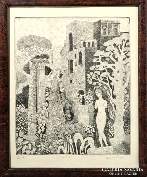 Viola Berki: Tivoli (signed, numbered etching) landscape with castle and nude statue - Italy