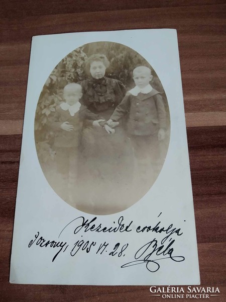 Antique photo sheet, family picture, mother with two little boys, 1905
