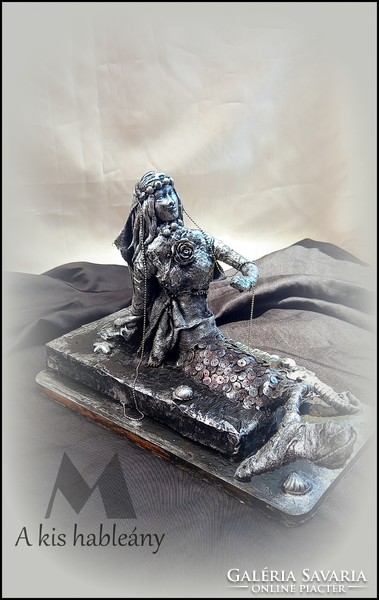 The little mermaid handmade textile sculpture made of recycled materials, black and silver