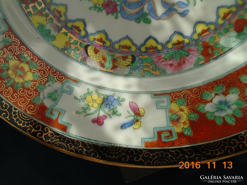 20 sz CANTON kézzel festett,kézzel jelzett rózsás madaras tányér arany kínai ikonográfiával