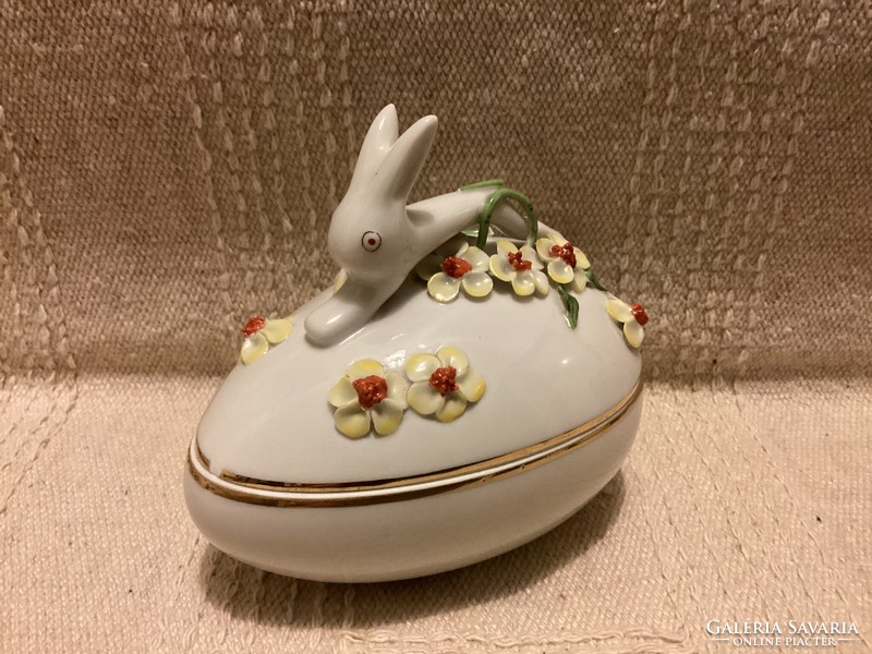 Herend marked 1958 porcelain egg bonbonier with bunny tongs