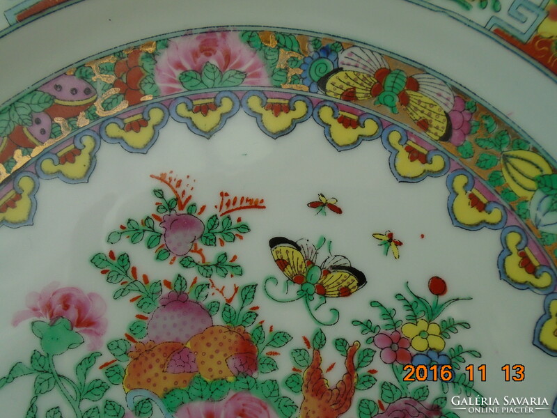 20 sz CANTON kézzel festett,kézzel jelzett rózsás madaras tányér arany kínai ikonográfiával