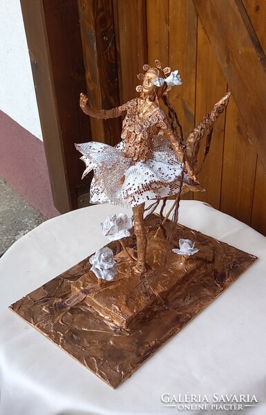 Miss Virág handmade textile sculpture made of recycled materials, bronze-white color