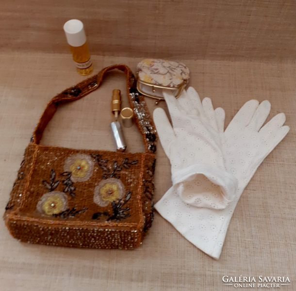 Old beautiful sequined beaded Sinház casual bag with perfume sprayer perfume wallet and gloves