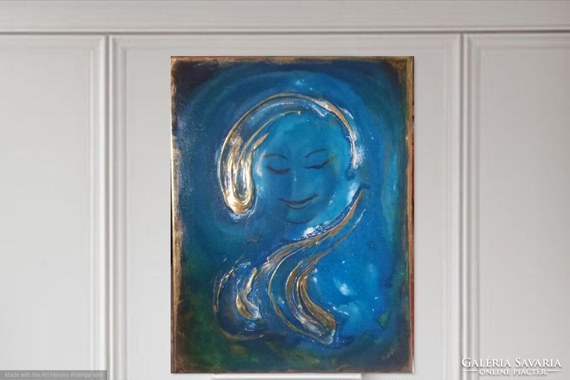 A víz mosolya  40x30 cm, 3D vászon. Zománc és arany.Prima díjas művésztől, tanúsítvánnyal. KZs/1952