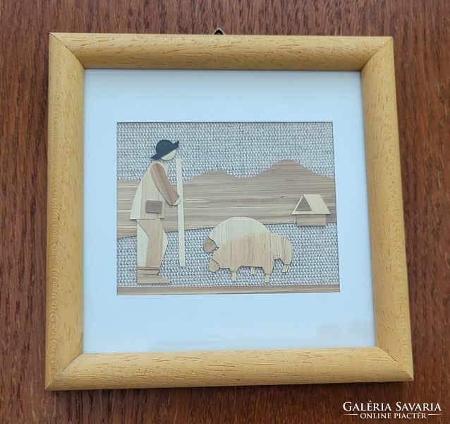 Straw canvas picture shepherd sheep with lamb pattern glazed in a frame