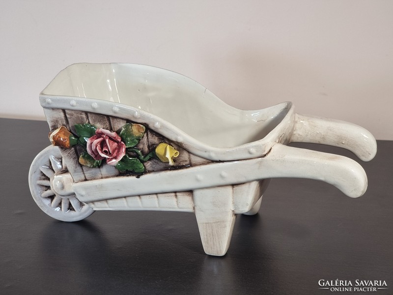 Bassano made in Italy glazed pink faience ceramic large wheelbarrow for flowers