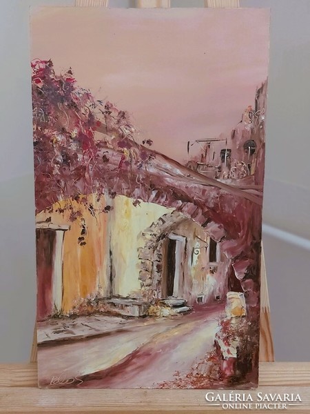 (K) Belák's painting of a narrow alley, 30x50 cm