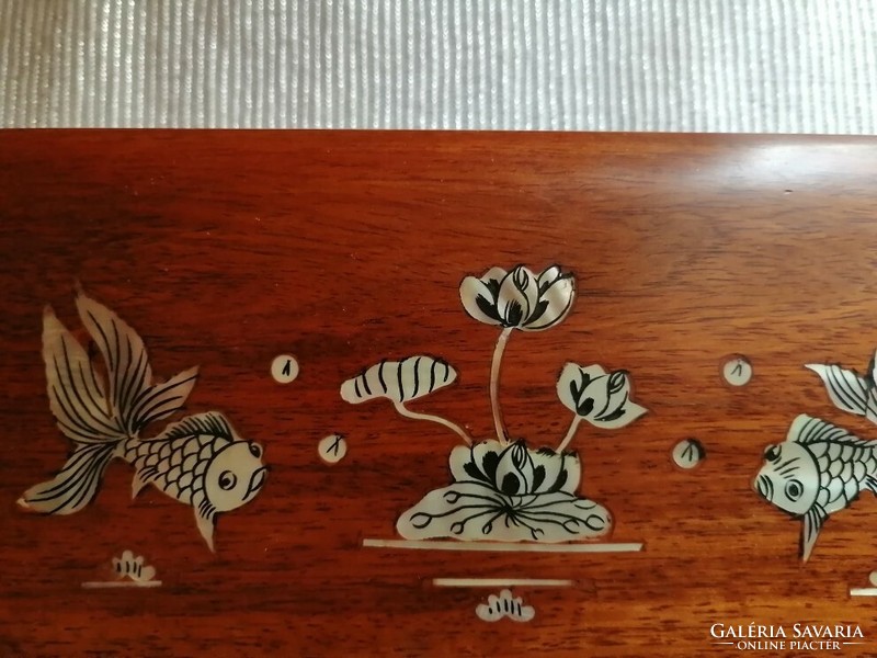 Old wooden jewelry box with mirror with water lily and fish pattern. Rosewood?