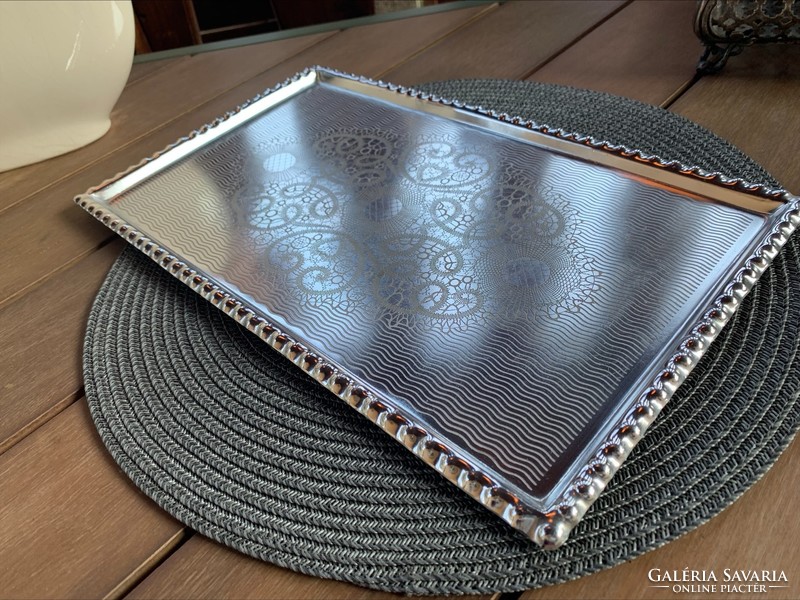 Retro aluminum tray with lace tablecloth pattern, anodized aluminum, 37 x 22 cm.