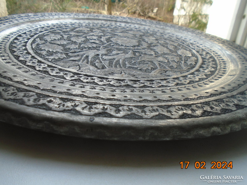Persian large, heavy niello tinned copper wall plate, treble, punched bird, flower and geometric patterns