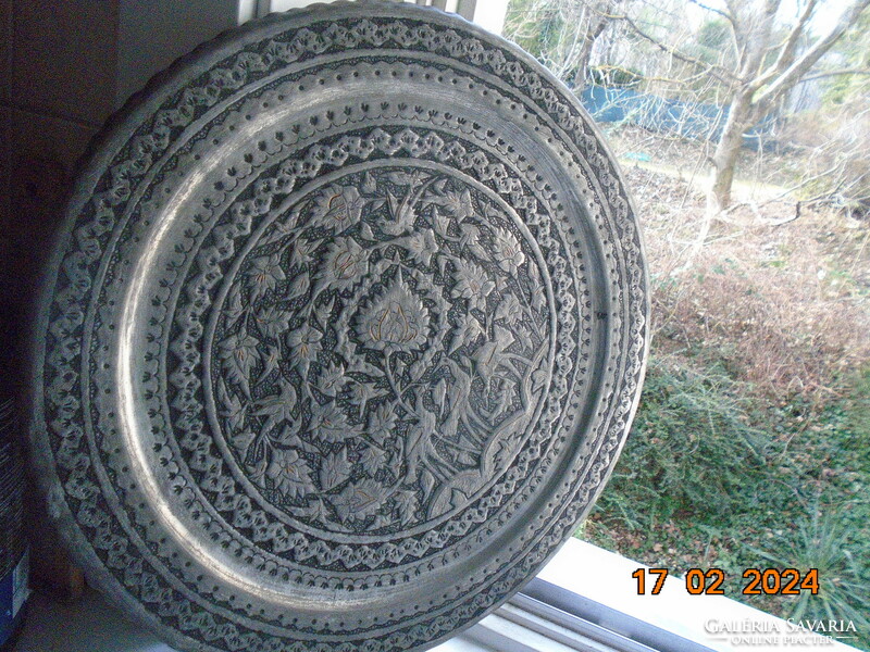 Persian large, heavy niello tinned copper wall plate, treble, punched bird, flower and geometric patterns