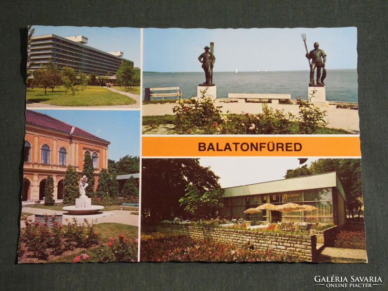 Képeslap, Balatonfüred,mozaik részletek,étterem,hotel,Révész halász szobor, szanatórium, gyík szobor