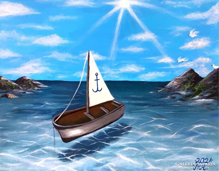 Kishajó a tengeren akril festmény