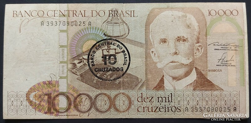Brazília 10.000 Cruzeiros 1986, F+, "10 Cruzados" felülbélyegzés