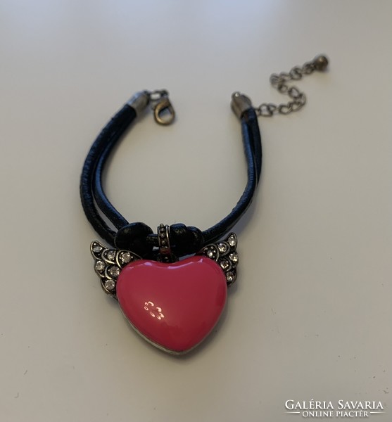 Special giant metal pink enamel-like painted heart charm zsuzsuk leather bracelet bangle bracelet
