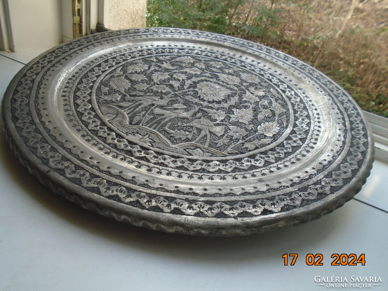 Persian large, heavy niello tinned copper wall plate, treble, punched bird, flower and geometric patterns