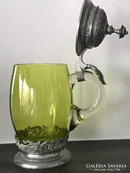 Uranium green glass cup with decorative pewter, 0.5 liter