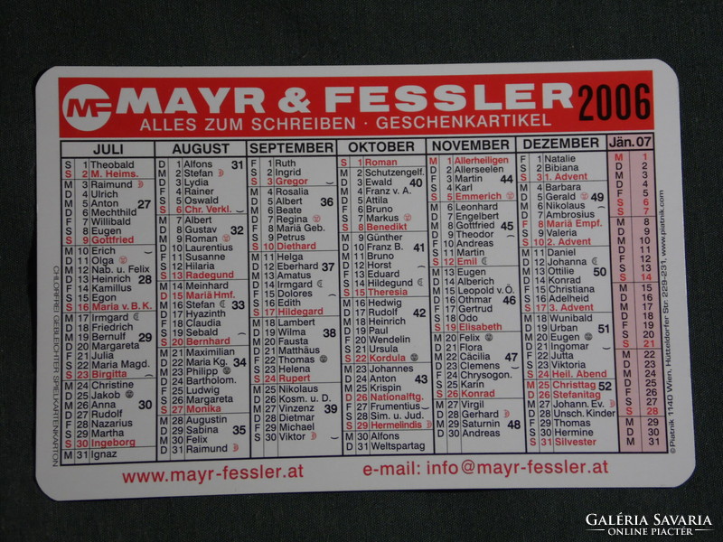 Card calendar, Austria, Vienna, Mayr & Fessler paper stationery shop, name day, 2006, (6)