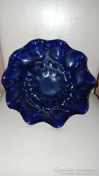Blue glass bowl with iridescent effect, old large plate, serving table runner