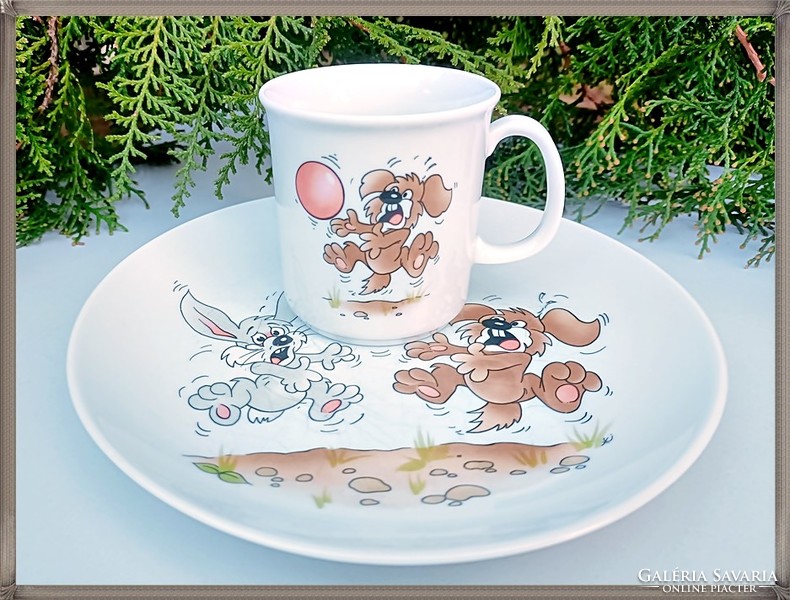Fairytale pattern German triptych porcelain children's mug and plate set