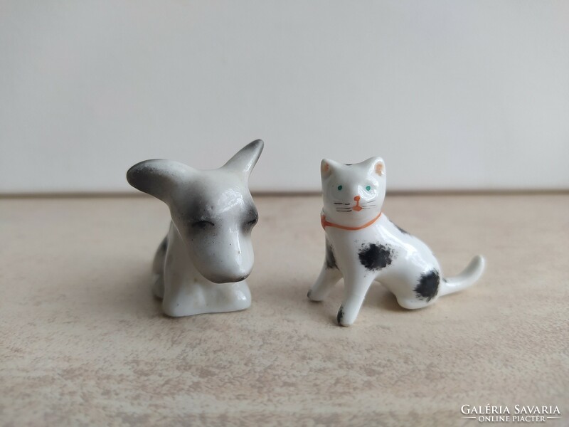 Retró hollóházi miniatűr foltos kutya-cica páros
