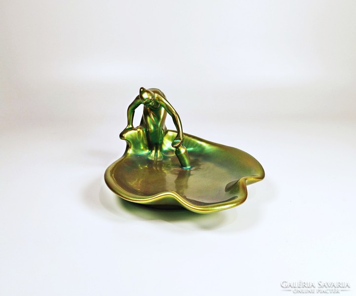 Zsolnay, antique art nouveau green eosin porcelain bowl 