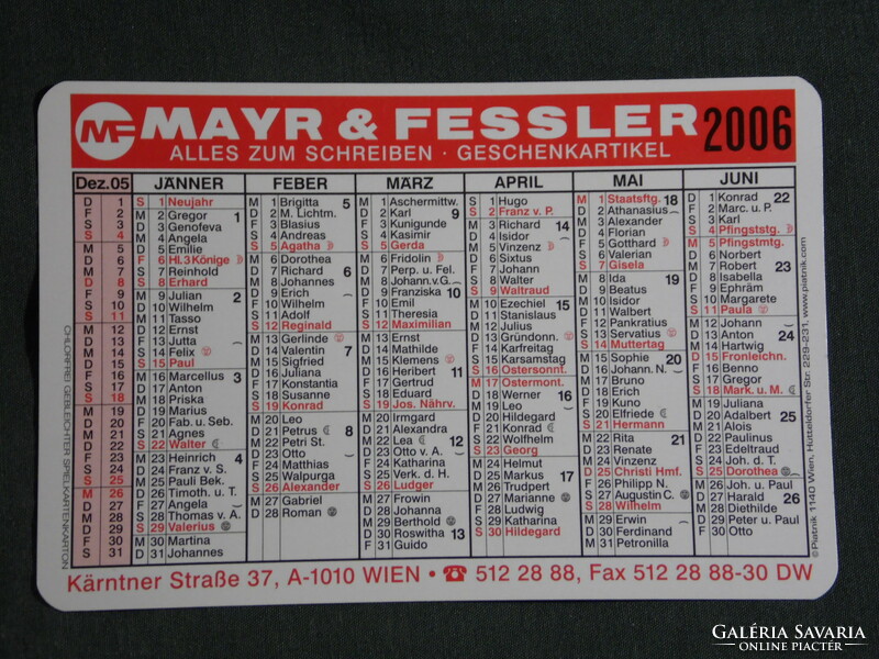 Kártyanaptár, Ausztria, Bécs, Mayr & Fessler papír írószer üzlet, névnapos, 2006, (6)