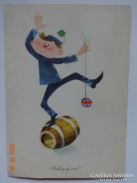Régi grafikus újévi üdvözlő képeslap, postatiszta - Szilas Győző rajz