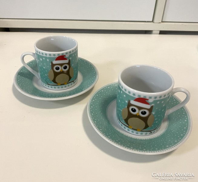 From the owl collection, 2 owl-patterned mocha coffee cups + saucers, new