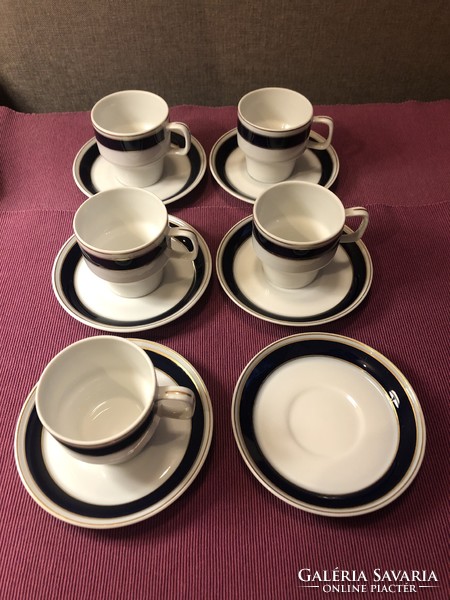 Hollóháza porcelain cobalt blue rim coffee cups with coasters, 5 pcs