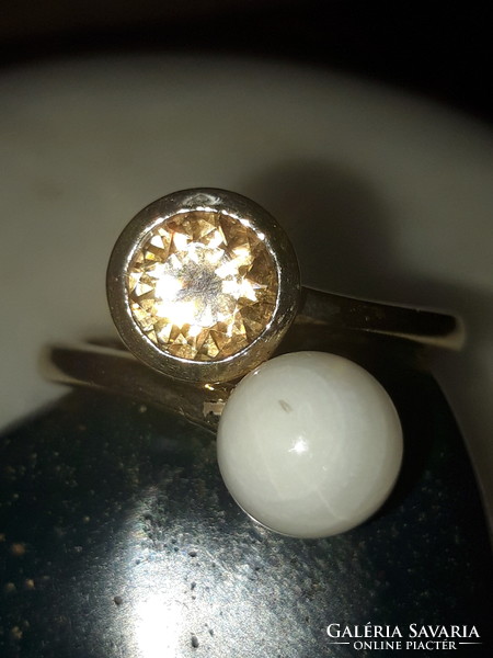 Aranyozott ezüst gyűrű opak és áttetsző, csiszolt kvarccal - 60- as méret