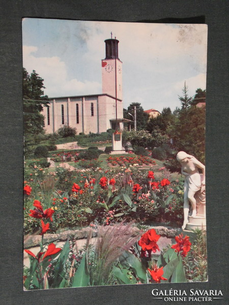Képeslap, Balatonboglár,templom látkép,park virágkert emlékmű, vízbelépő akt szobor,részlet